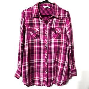 Old Navy Purple Plaid Cotton Gauze Shirt Women’s Large Snap Button Top